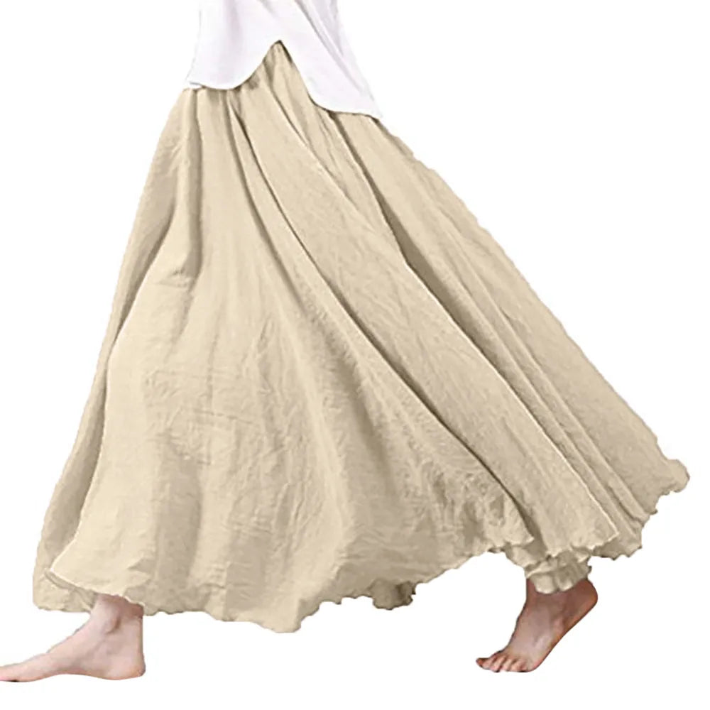 Elegant Women's Linen Boho Loose Fresh Nature Green Bohemian Style Swing Hem Holiday Wear Summer Skirt