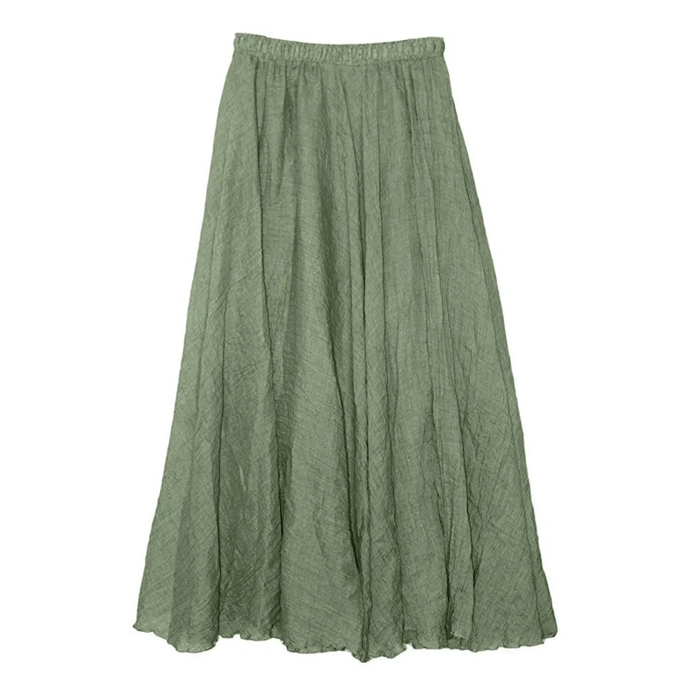 Elegant Women's Linen Boho Loose Fresh Nature Green Bohemian Style Swing Hem Holiday Wear Summer Skirt