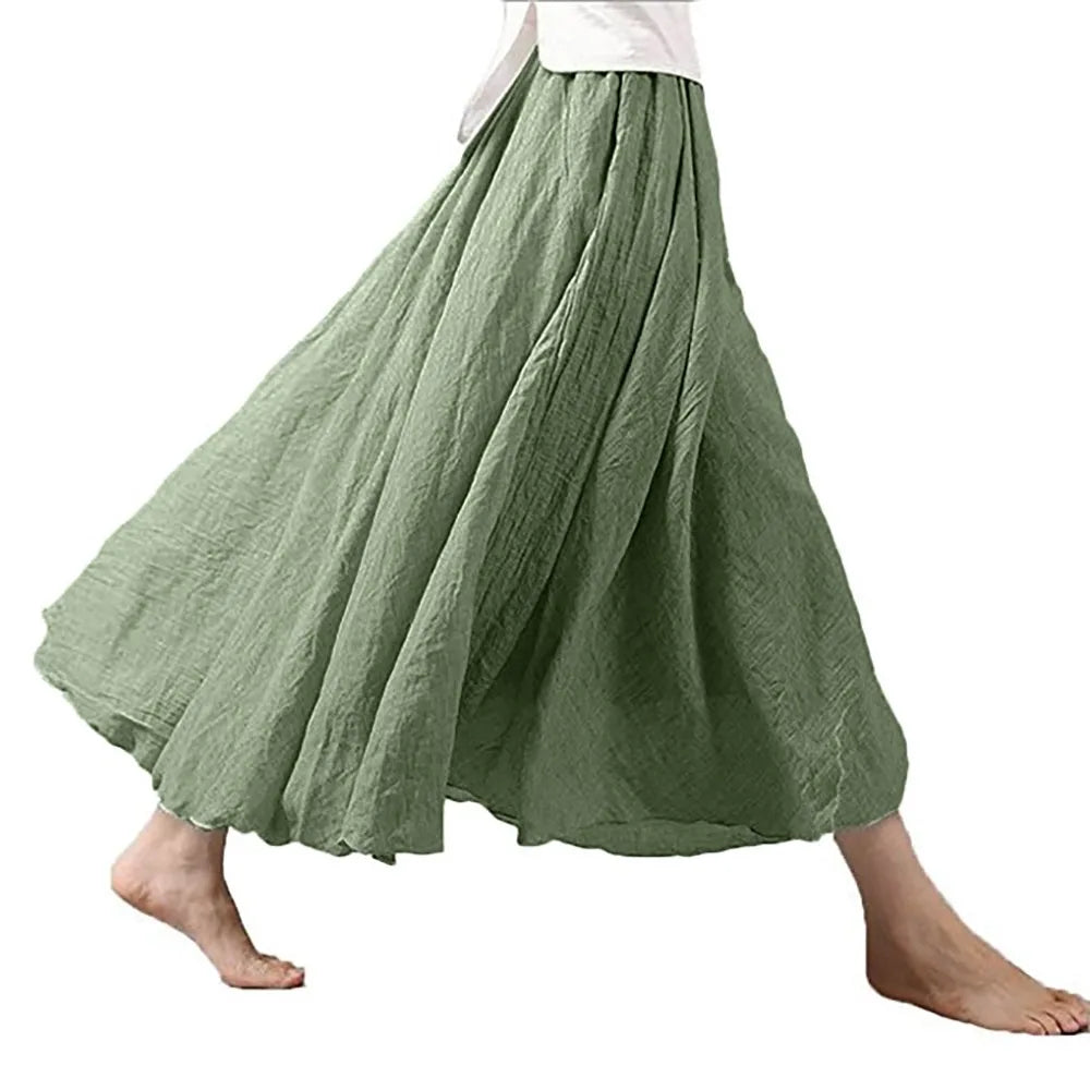 Elegant Women's Linen Boho Loose Fresh Nature Green Bohemian Style Swing Hem Holiday Wear Summer Skirt