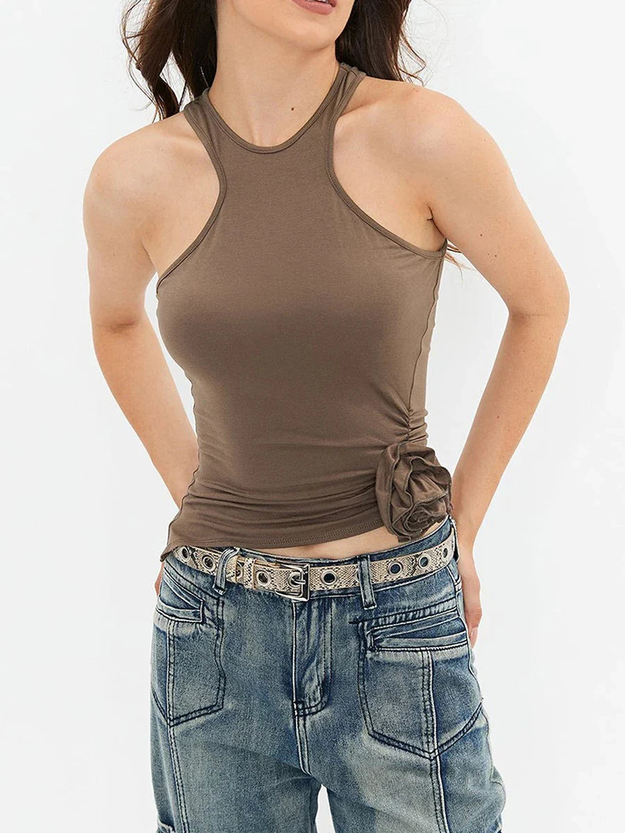 Brown Sleeveless Asymmetrical Hem Going Out Summer Crop Fashion Top