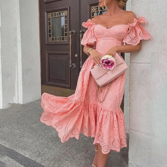 Backless Pink Sheath Waist Puff Sleeve Hollow Out Holiday Midi Summer Dress