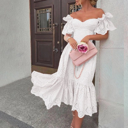 Backless Pink Sheath Waist Puff Sleeve Hollow Out Holiday Midi Summer Dress