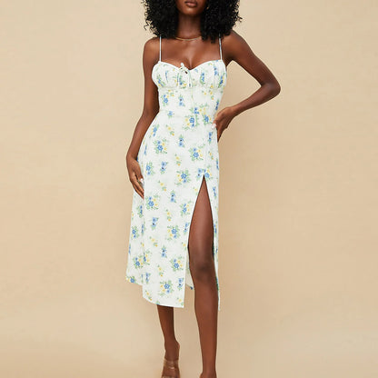 Flower Print High Split Off Shoulder Backless Bodycon Summer Vestidos Midi Sexy Dress