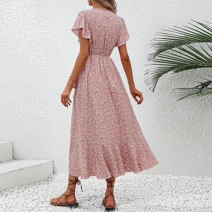 High Waist Floral Pink Lace-up Ladies Ruffles Hem Sexy Fashion Wraped V Neck Elegant Midi Summer Dress