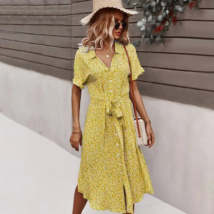 Boho Chic Floral Print V-Neck Button Beach Casual Summer Midi Dress