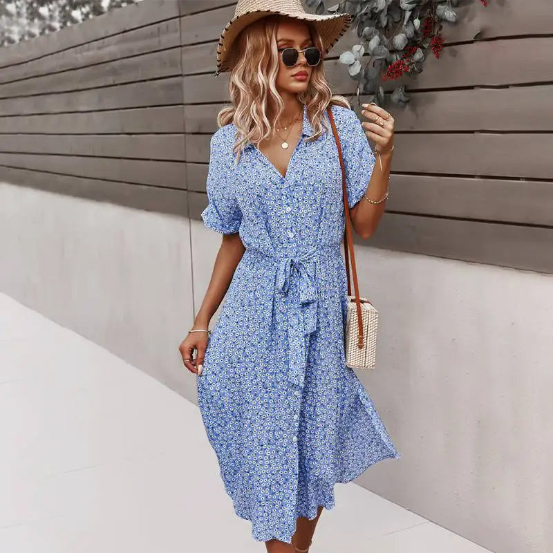 Boho Chic Floral Print V-Neck Button Beach Casual Summer Midi Dress