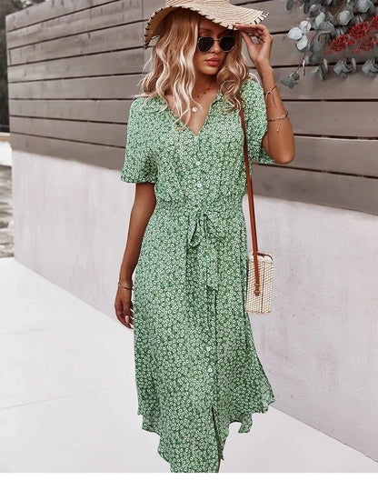 Boho Chic Floral Print V-Neck Button Beach Casual Summer Midi Dress