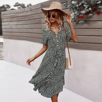 Boho Chic Floral Print V-Neck Button Beach Casual Summer Midi Dress