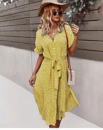 Boho Chic Floral Print V-Neck Button Beach Casual Summer Midi Dress