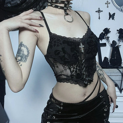 Summer Dark Gothic Lace Suede Jacquard Sexy Babes Cross Stylish Elegant Trendy Crop Top