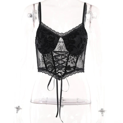 Summer Dark Gothic Lace Suede Jacquard Sexy Babes Cross Stylish Elegant Trendy Crop Top