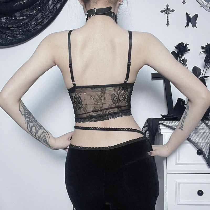 Summer Dark Gothic Lace Suede Jacquard Sexy Babes Cross Stylish Elegant Trendy Crop Top