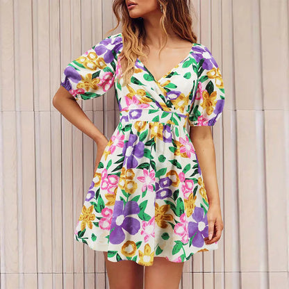 New Retro Beach Flower Ruffles Sweet Sexy V Neck Puff Holiday Mini Summer Dress