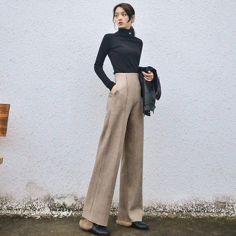 Super High Waist Wool Blend Warm Straight Loose Cashmere Thick Woolen Wide Pants