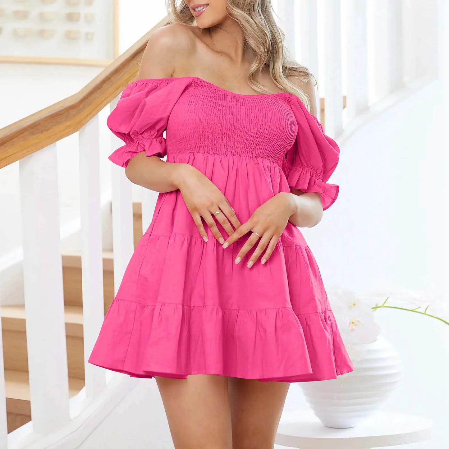 Pink Backless Off Shoulder Vacation A-line Summer Elegant Slim Tube Top Mini Sweet Dress