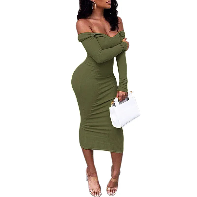 Knitted Sweater Sleeve Bodycon V-Neck Spring Long Maxi Women Dress Dress