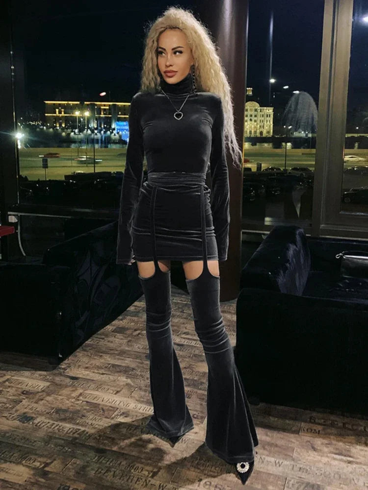 High Waist Sleeve Maxi Flare Women Turtleneck Mini Bodycon Set Dress Dress