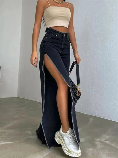 Waisted High Loose Side Summer Wide Long Out Streetwear Casual Black Split Baggy Jeans