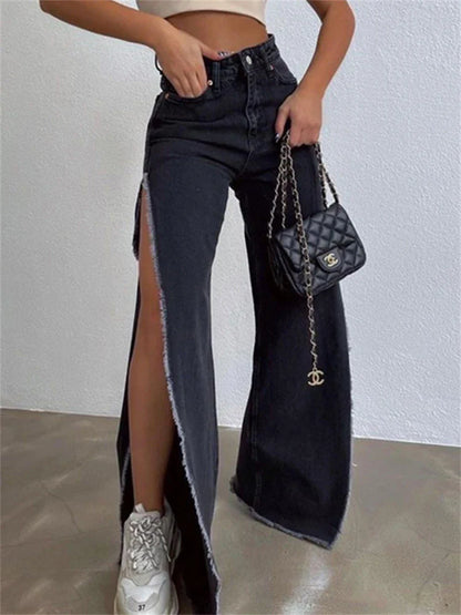 Waisted High Loose Side Summer Wide Long Out Streetwear Casual Black Split Baggy Jeans