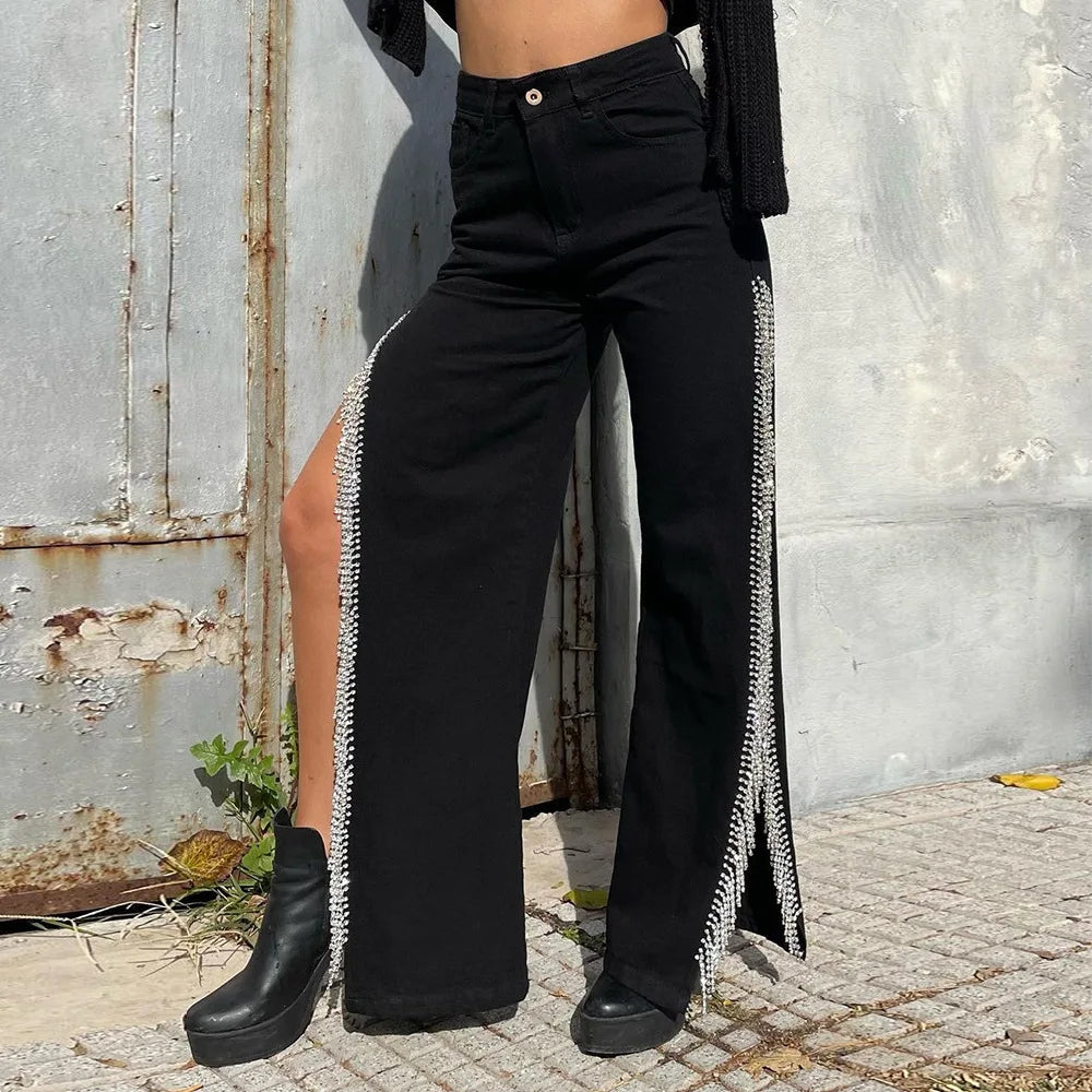 Waisted High Loose Side Summer Wide Long Out Streetwear Casual Black Split Baggy Jeans