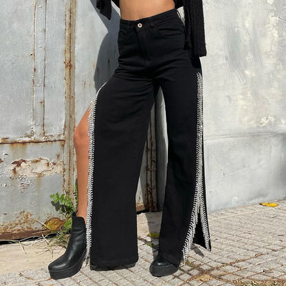 Waisted High Loose Side Summer Wide Long Out Streetwear Casual Black Split Baggy Jeans