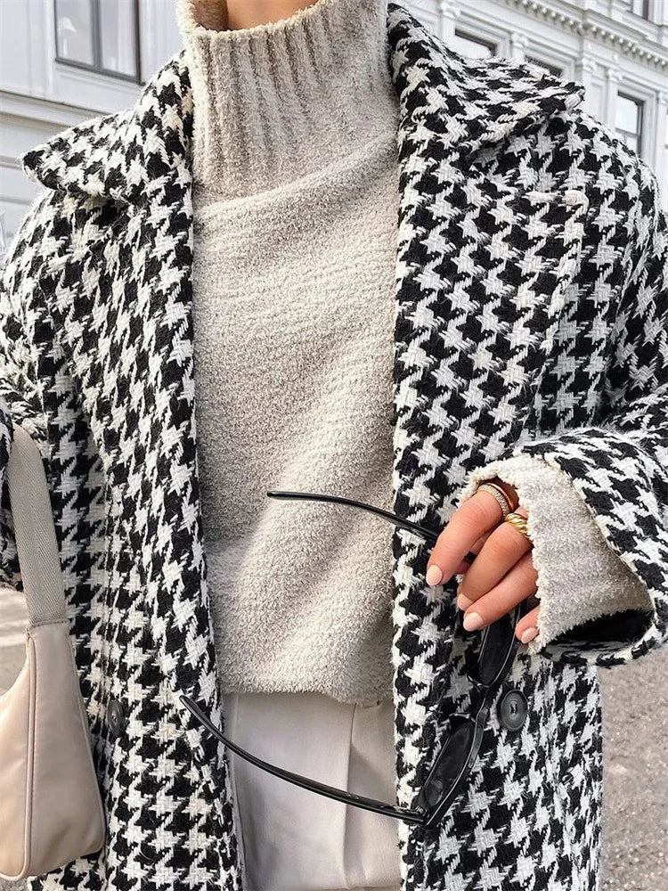 Fashion Street Winter Autumn Long Temperament New Houndstooth Slim Jacket