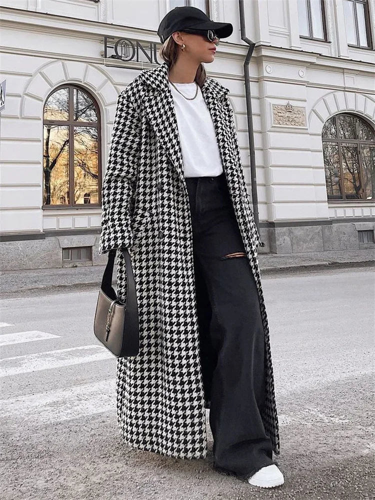 Fashion Street Winter Autumn Long Temperament New Houndstooth Slim Jacket