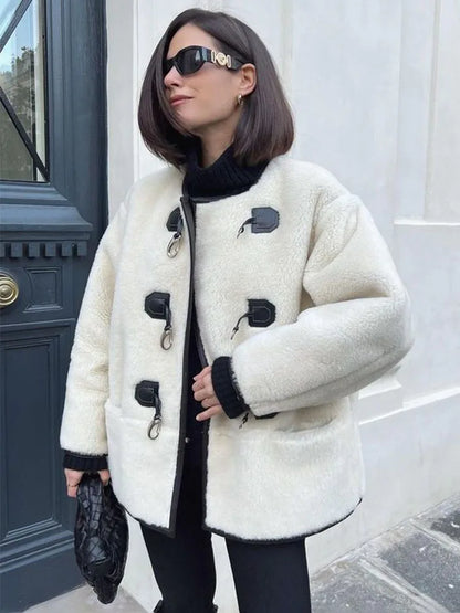 Winter Street Horn Casual Fashion Lamb Chic Button Warm Plush Jacket