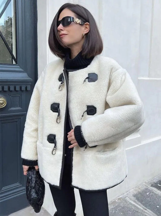 Winter Street Horn Casual Fashion Lamb Chic Button Warm Plush Jacket