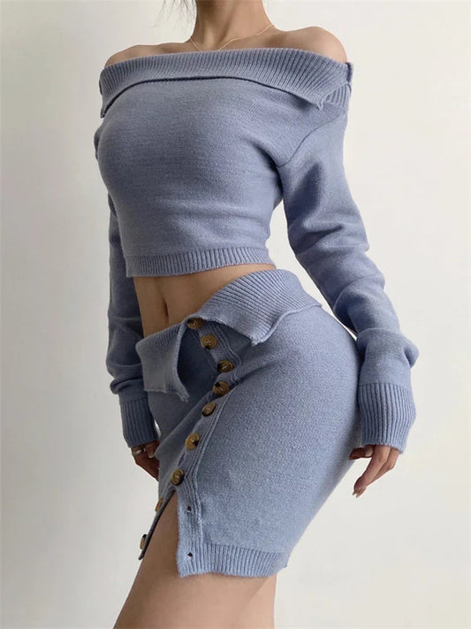 Fashion Knit Casual Turn-Down Cropped Blue Off-Shoulder E-girl Sweater