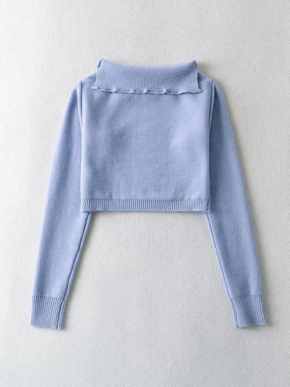 Fashion Knit Casual Turn-Down Cropped Blue Off-Shoulder E-girl Sweater