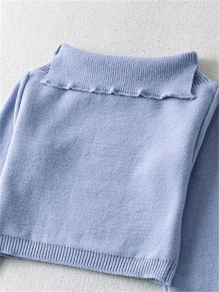 Fashion Knit Casual Turn-Down Cropped Blue Off-Shoulder E-girl Sweater