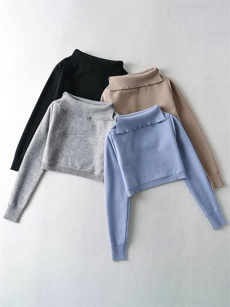 Fashion Knit Casual Turn-Down Cropped Blue Off-Shoulder E-girl Sweater