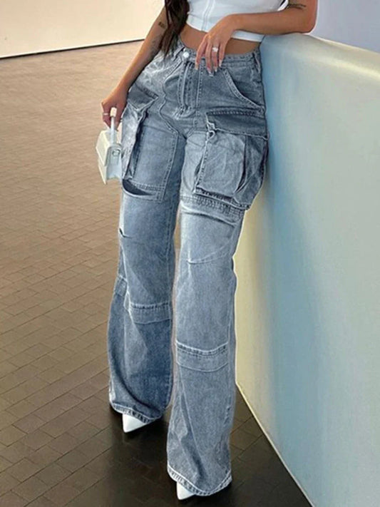 Blue High Denim Winter Loose Pockets Autumn Waisted Fashion Baggy Casual Jeans