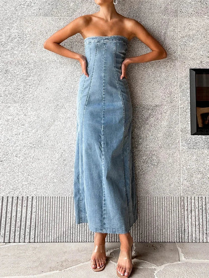 Slit Side Sleeveless Denim Slim Women Bodycon Maxi Dress Dress