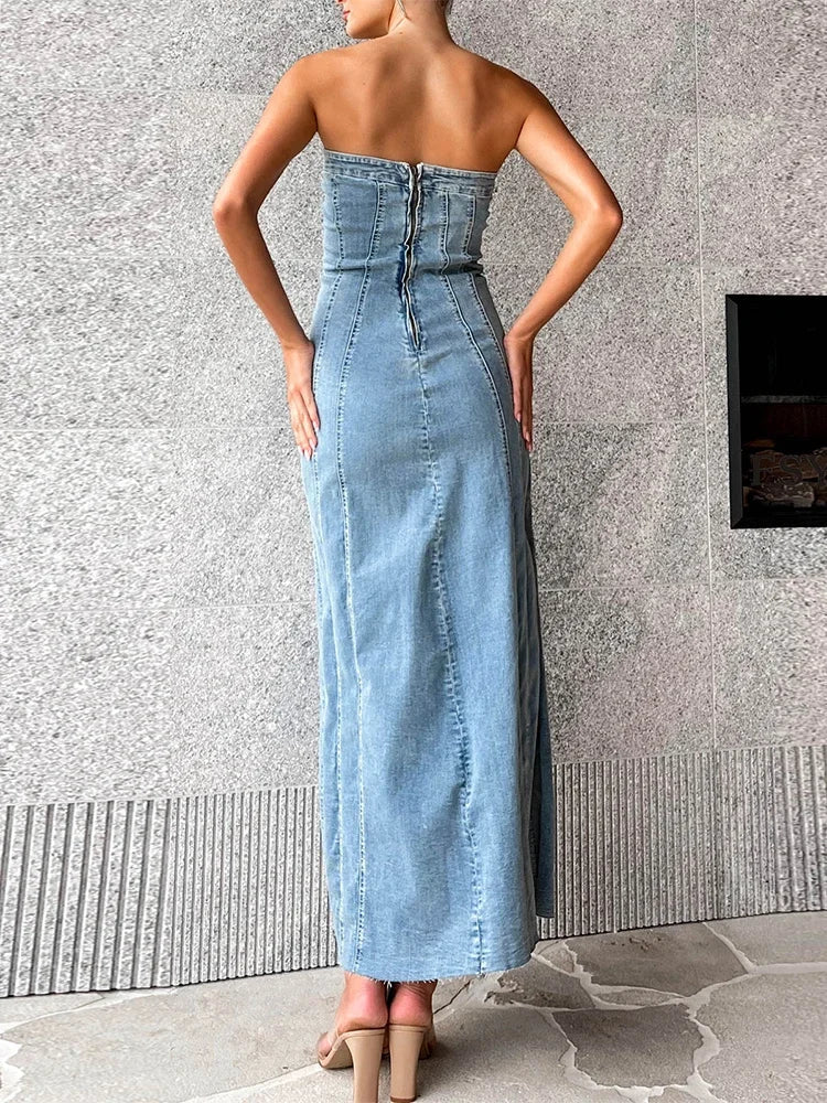 Slit Side Sleeveless Denim Slim Women Bodycon Maxi Dress Dress