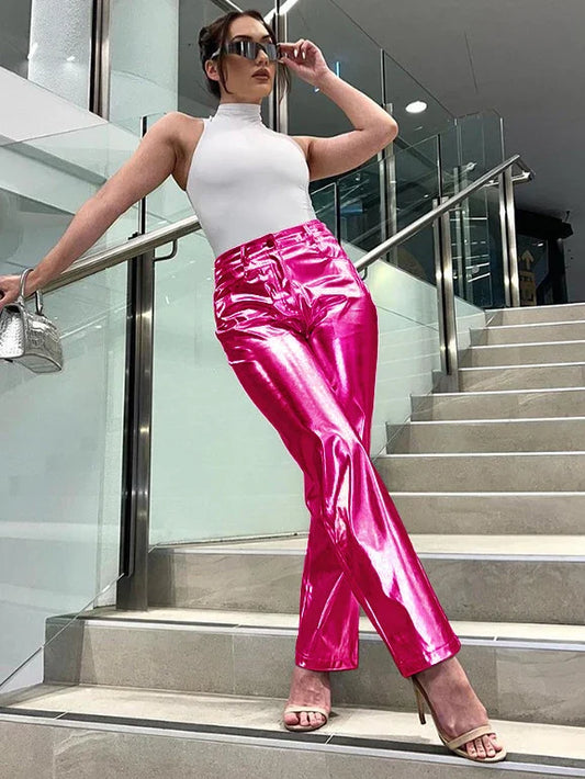 Bodycon Silver Long PU Party Slim Winter Fashion High-waist Street Pants