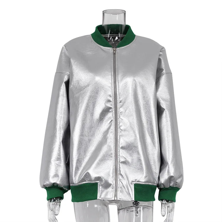 Long Sleeve PU Casual Silver Splice Winter Reflective Baseball Jacket