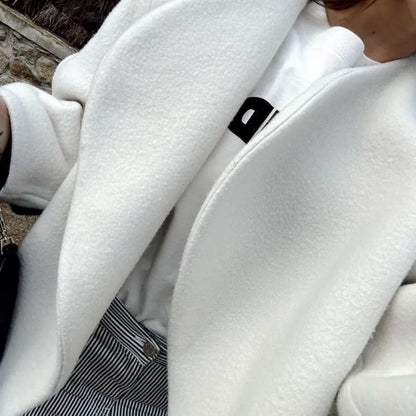 Streetwear Loose V Woolen Female Elegant White Warm Neck Fashion Long Jacket