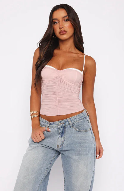 Strap Sheer Mesh Bustier Ruched Sweetheart Neck Crop Going Out Crop Spaghetti Top