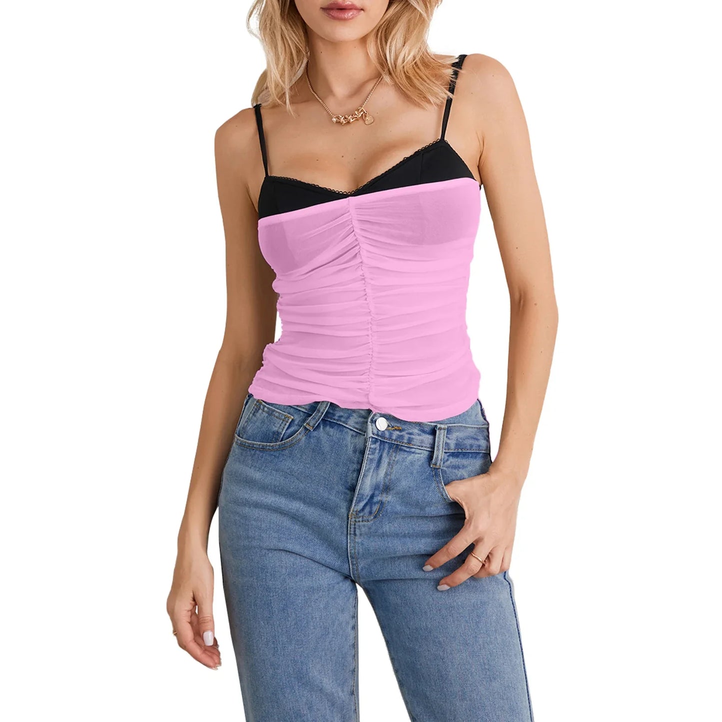 Strap Sheer Mesh Bustier Ruched Sweetheart Neck Crop Going Out Crop Spaghetti Top