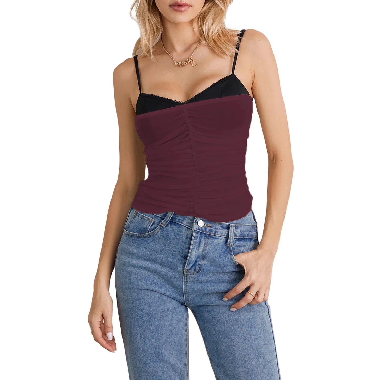 Strap Sheer Mesh Bustier Ruched Sweetheart Neck Crop Going Out Crop Spaghetti Top