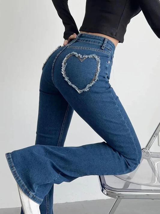 Denim Flare High-waist Fashion Blue Streetwear Autumn Pants