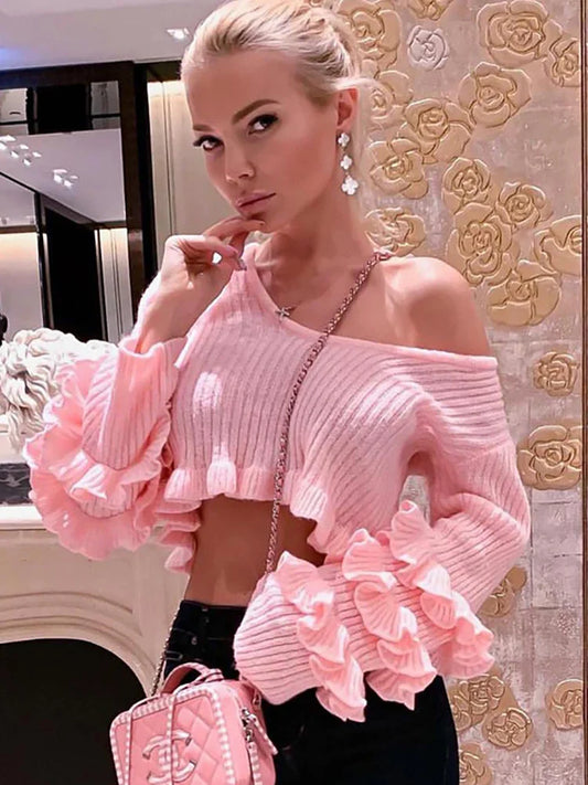 O-Neck Long Summer Pink Knitted Mini Slim Ruffles Sweater