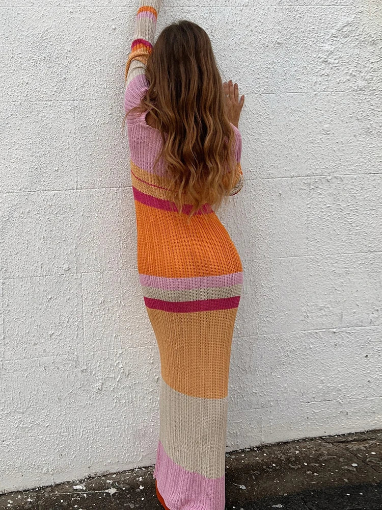 Long Sleeve Sexy Striped Autumn Women Bodycon Knitted Maxi Dress Dress