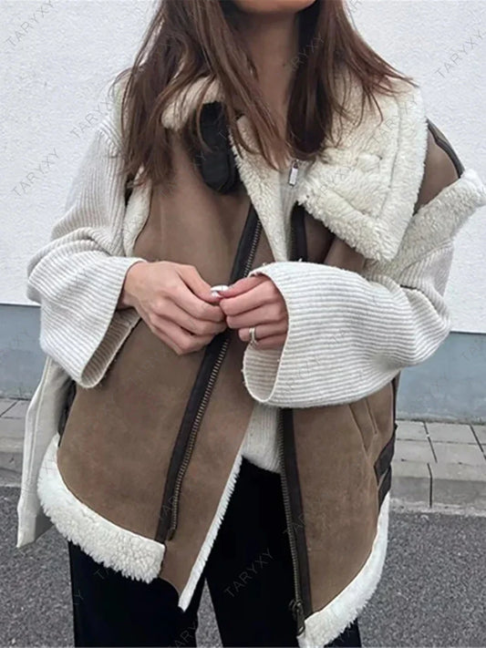 Leather Fleece Splice Winter Faux Thick Shearling Sleeveless Suede Jacket