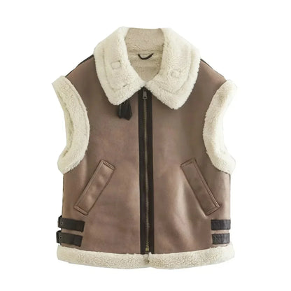 Leather Fleece Splice Winter Faux Thick Shearling Sleeveless Suede Jacket