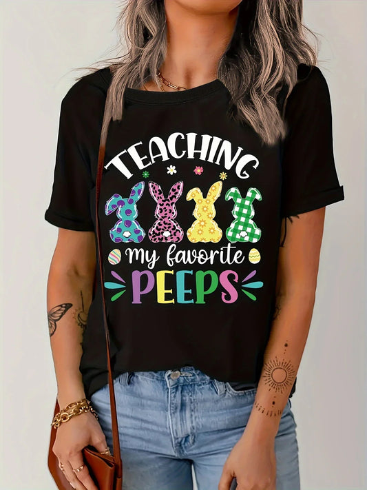 Teacher Letter Print Short Sleeve Crew Neck Casual Top Women's T-shirt for Spring & Summer