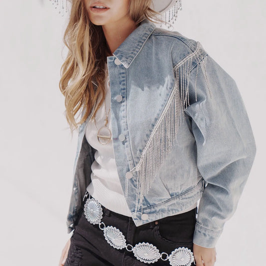 Denim Turndown Collar Rhinestone Tassel Long Sleeve Button Woman Clothing Jacket