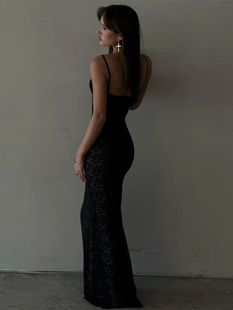 Black Lace Slim Bodycon Spaghetti Strap Nightclub Sexy Long Summer Maxi Dress